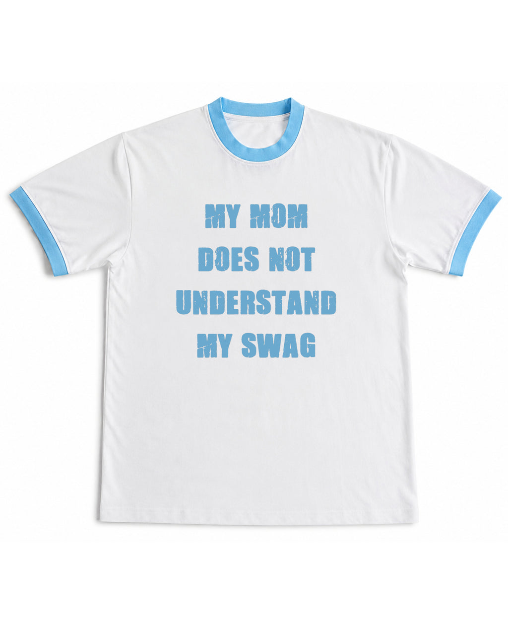 White & Sky Blue Ringer tee Front Design