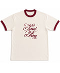 Off White & Maroon Ringer tee Front Design